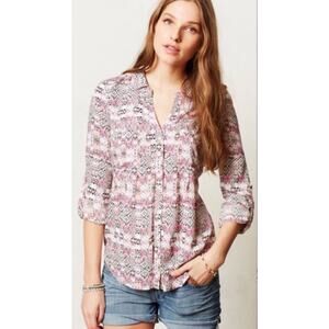 Anthropologie Islet Geometric Women's Blouse Top Shirt Maeve Pink S Button-down